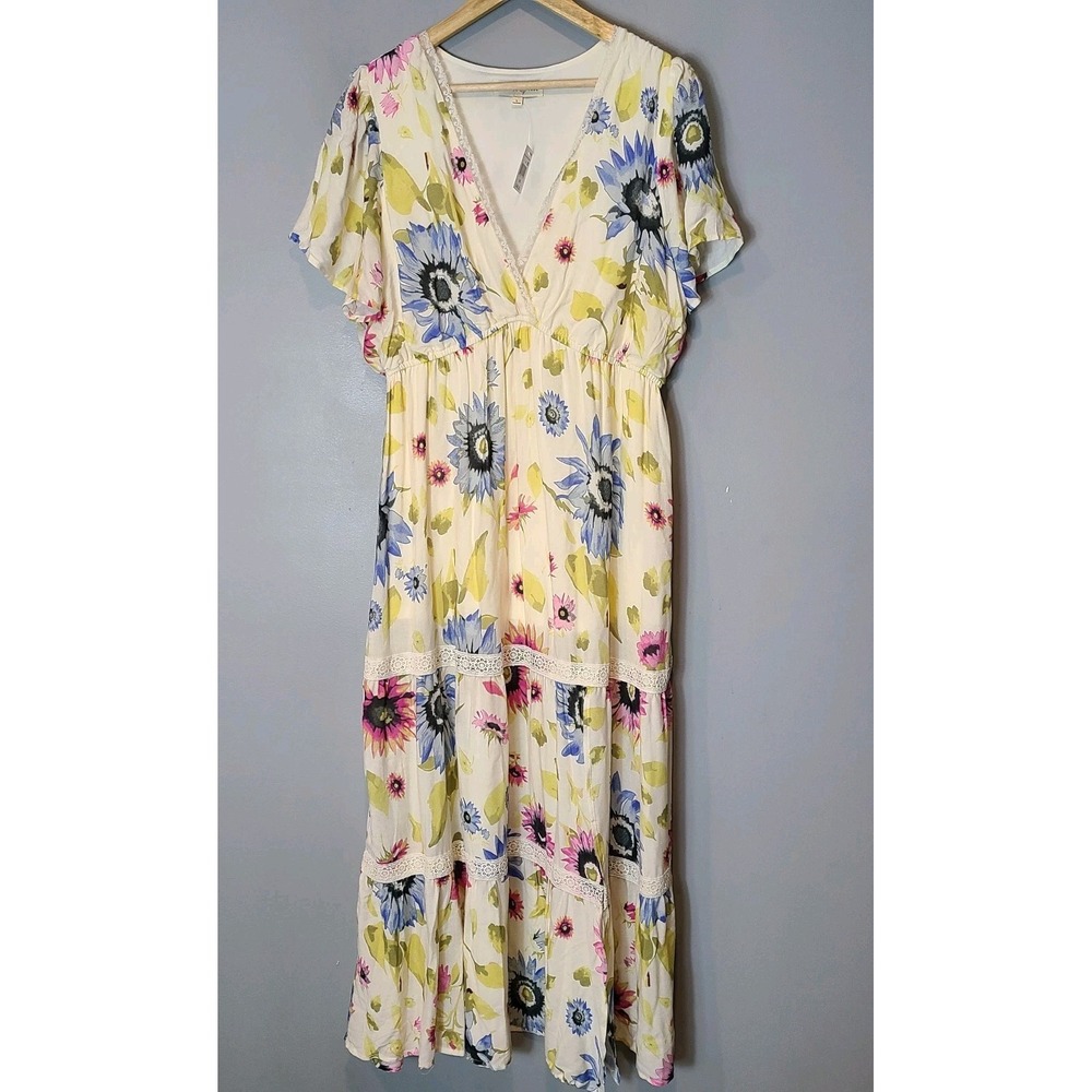 Floral Y2K Tiered Flutter Peasant Maxi Dress L Cottage Ren Faire Fairy New